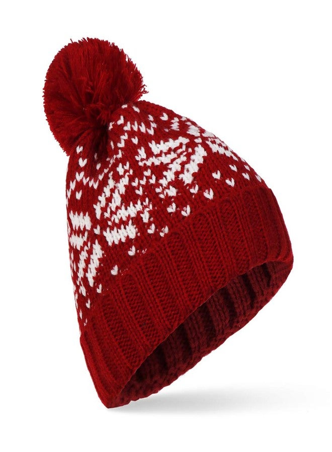Mawjom Women Winter Knitted Cap Beanie Soft Warm Hat with Red Snowflake - Image 1